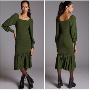 Anthropologie Moss Green Smocked Midi Dress with Puff Sleeves